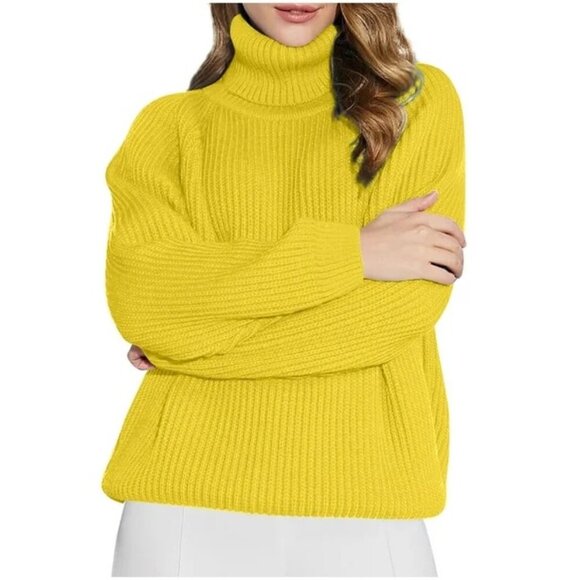 A.C.W. Yellow Oversized Turtleneck Sweater Long Sleeve Cable Knitted Pullover M - Picture 2 of 11
